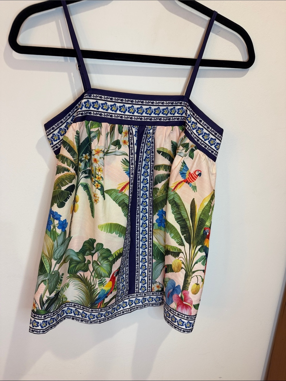 Tropical Parrot Print Cami Top With Decorative Navy Trim
